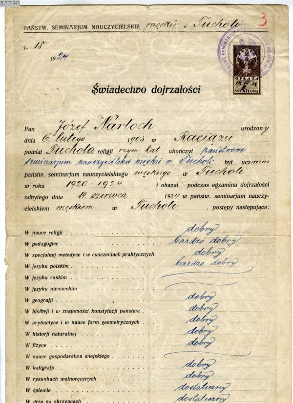 Dokument - świadectwo dojrzałości Józefa Narlocha