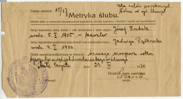 Dokument - metryka ślubu kołodzieja Józefa Intka