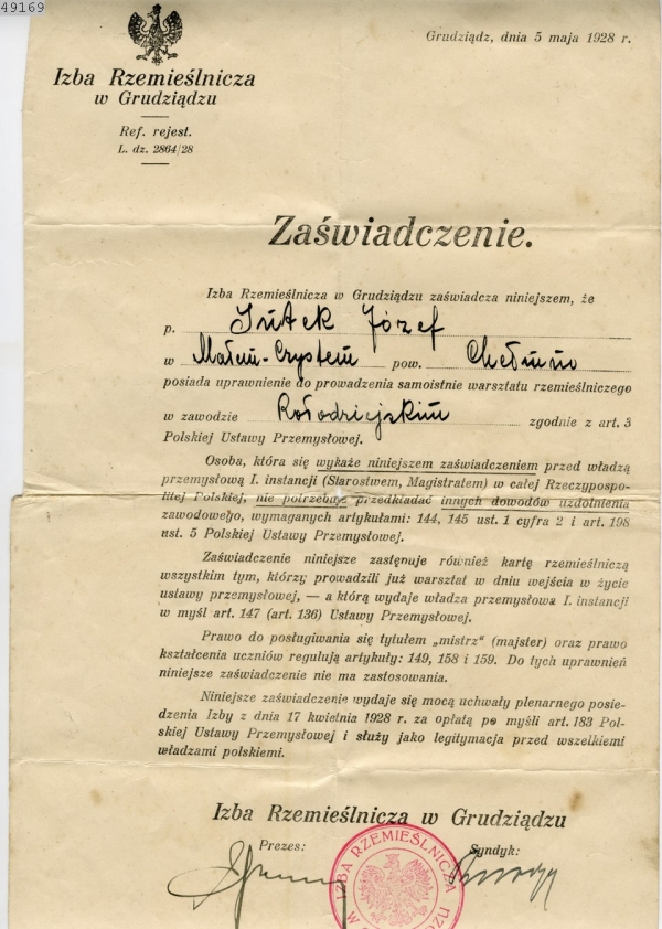 Dokument - zaświadczenie o uprawnieniach mistrzowskich w zawodzie kołodziejskim