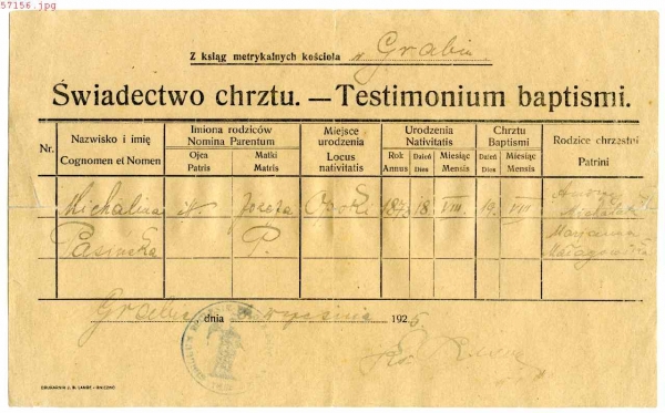 Dokument - Świadectwo chrztu Michaliny Pasinskiej