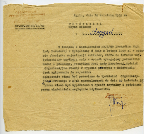 Dokument dotyczący rejestracji młyna wodnego w Strzygach
