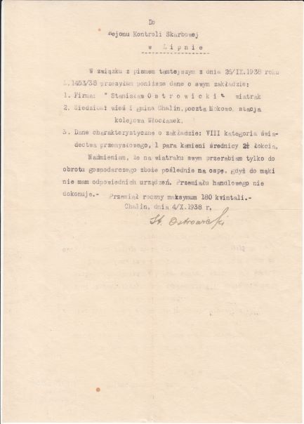 Dokument - pismo młynarza z wiatraka w Chalinie do Rejonu Kontroli Skarbowej