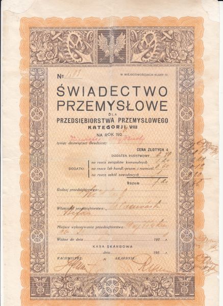 Dokument - świadectwo przemysłowe dla wiatraka w Wójtówce