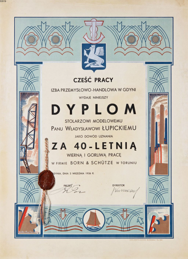 Dyplom stolarza modelowego Władysława Łupickiego na 40-lecie pracy